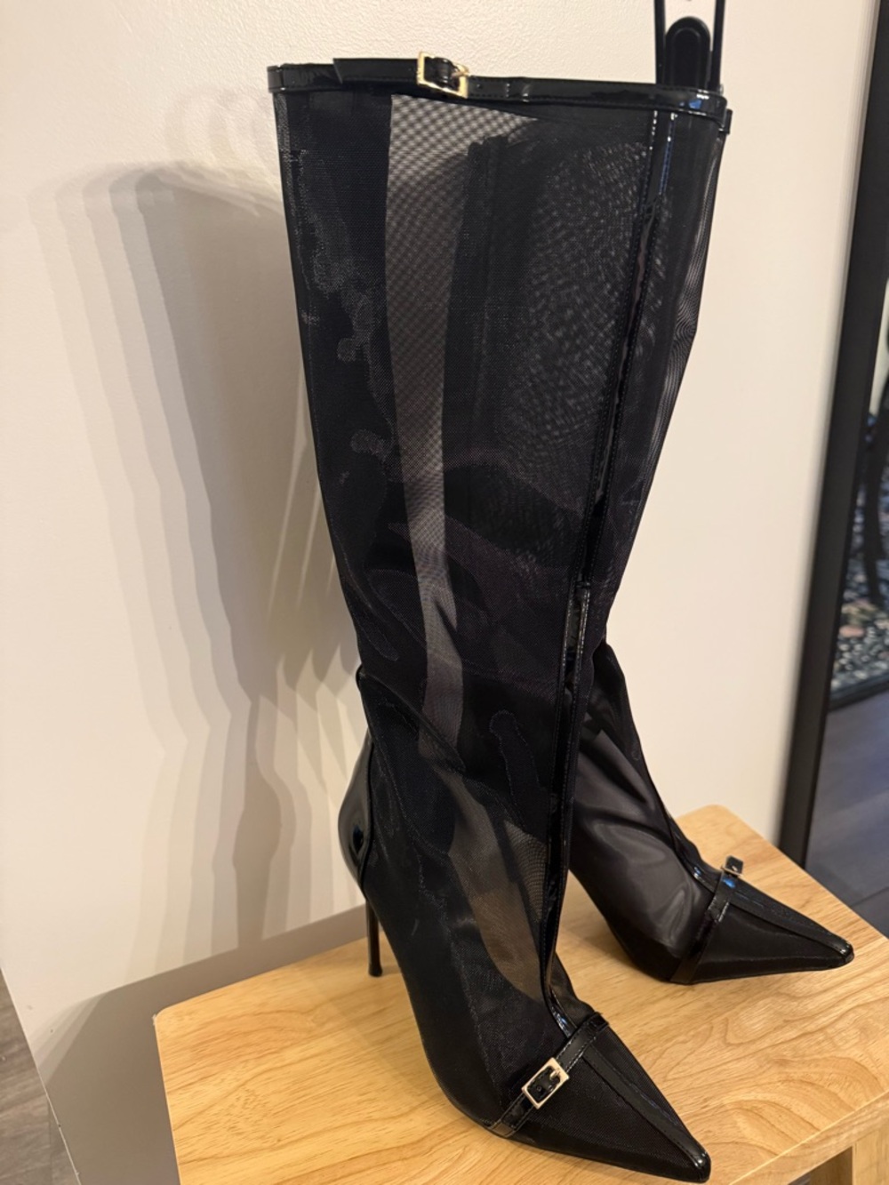 Black Mesh Pointed-Toe Stiletto Knee-High Boots - Picture 2 of 2